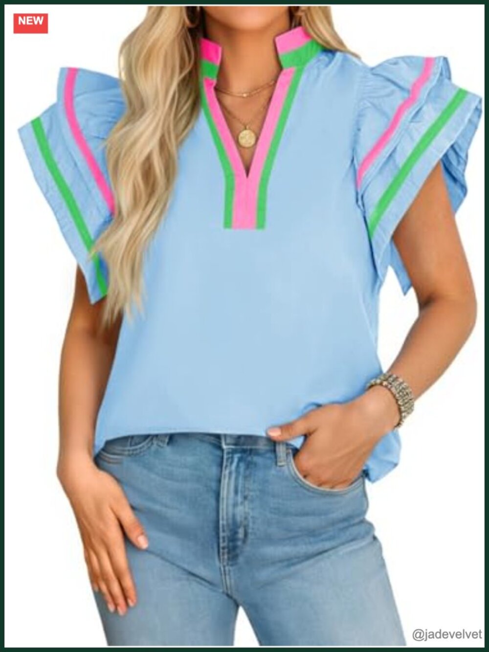 Cotton Color Block V-Neck Ruffle Cap Sleeve Blouse Tunic Top